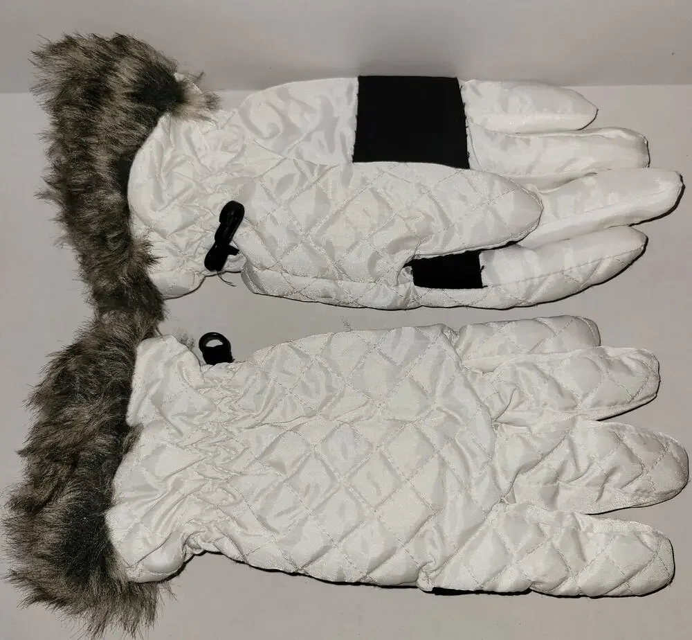 Natural Reflections White Insulated Gloves Quilted Gathered Faux Fur Trim L/XL